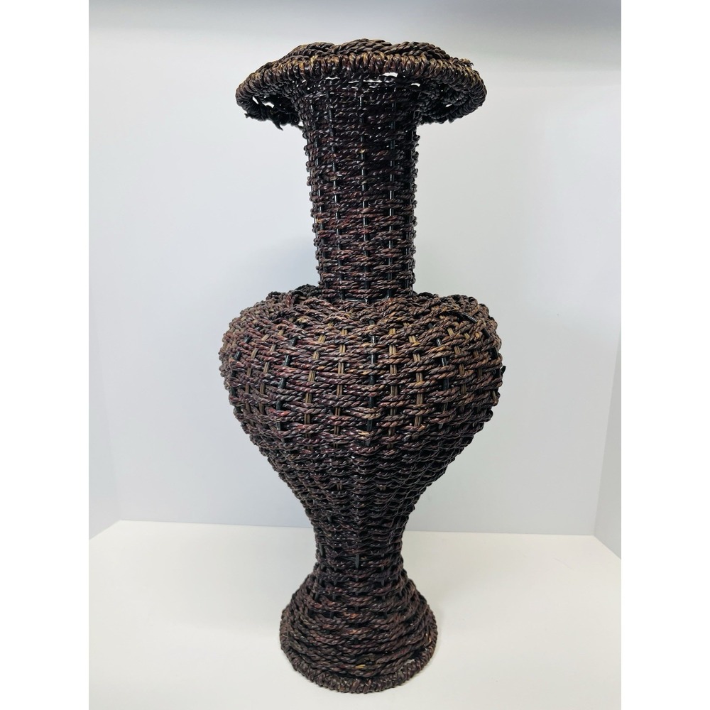 Tall Rustic Dark Brown Wicker Vase Basket features a Complex Woven Pattern 20"